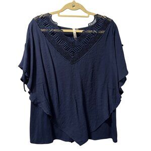 NY Collection blouse Sz 1X Navy Blue Poncho Top With Crochet V-Neck